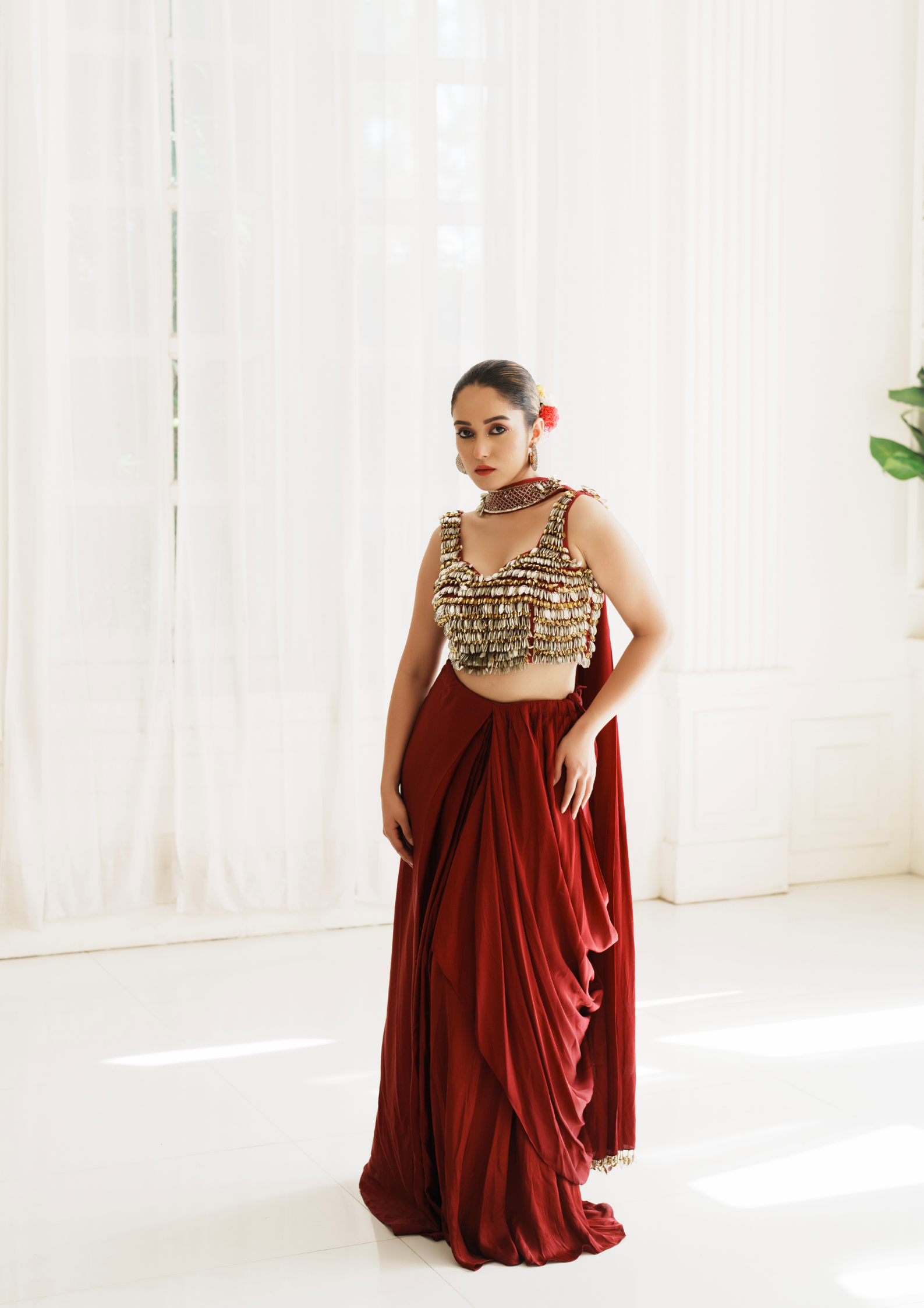 RASPBERRY SATIN DRAPE SAREE