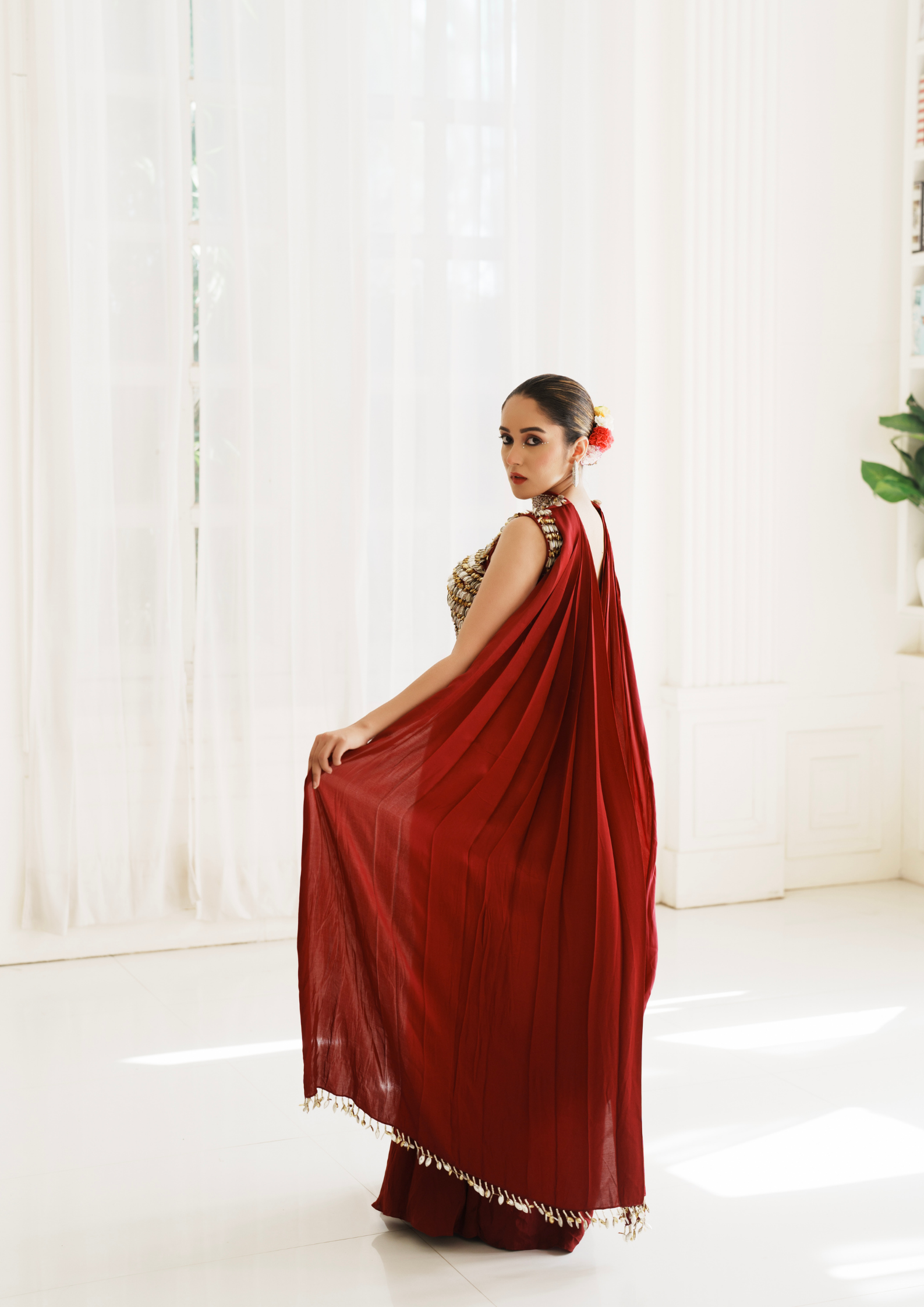 RASPBERRY SATIN DRAPE SAREE